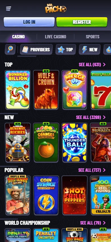 Mr Pacho Casino games area on a mobile device