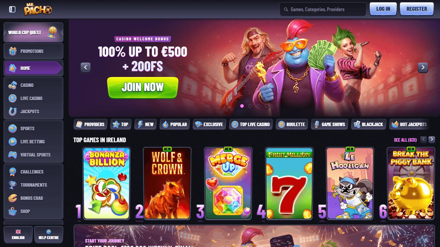 Mr Pacho Casino home page on desktop