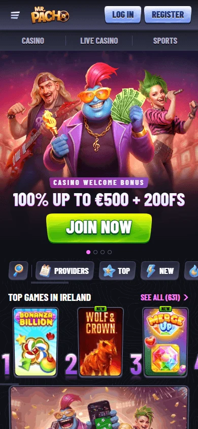 Mr Pacho Casino home page on a mobile device