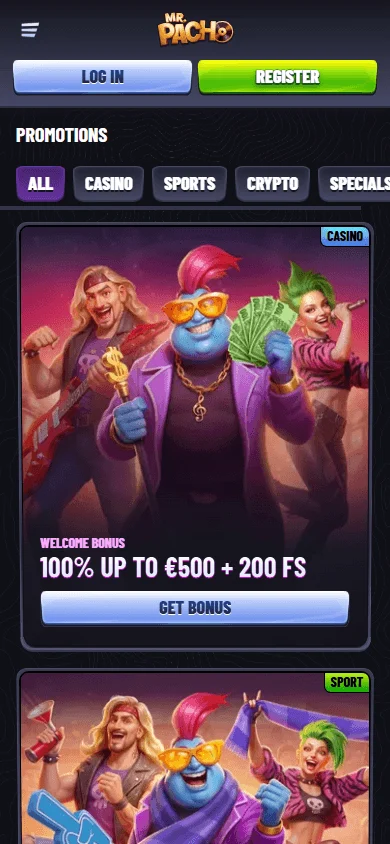 Mr Pacho Casino promotions area on a mobile device